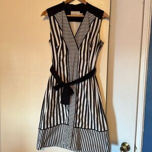 Karen Millen, black and white striped spring dress size 6. Belted V-neck.